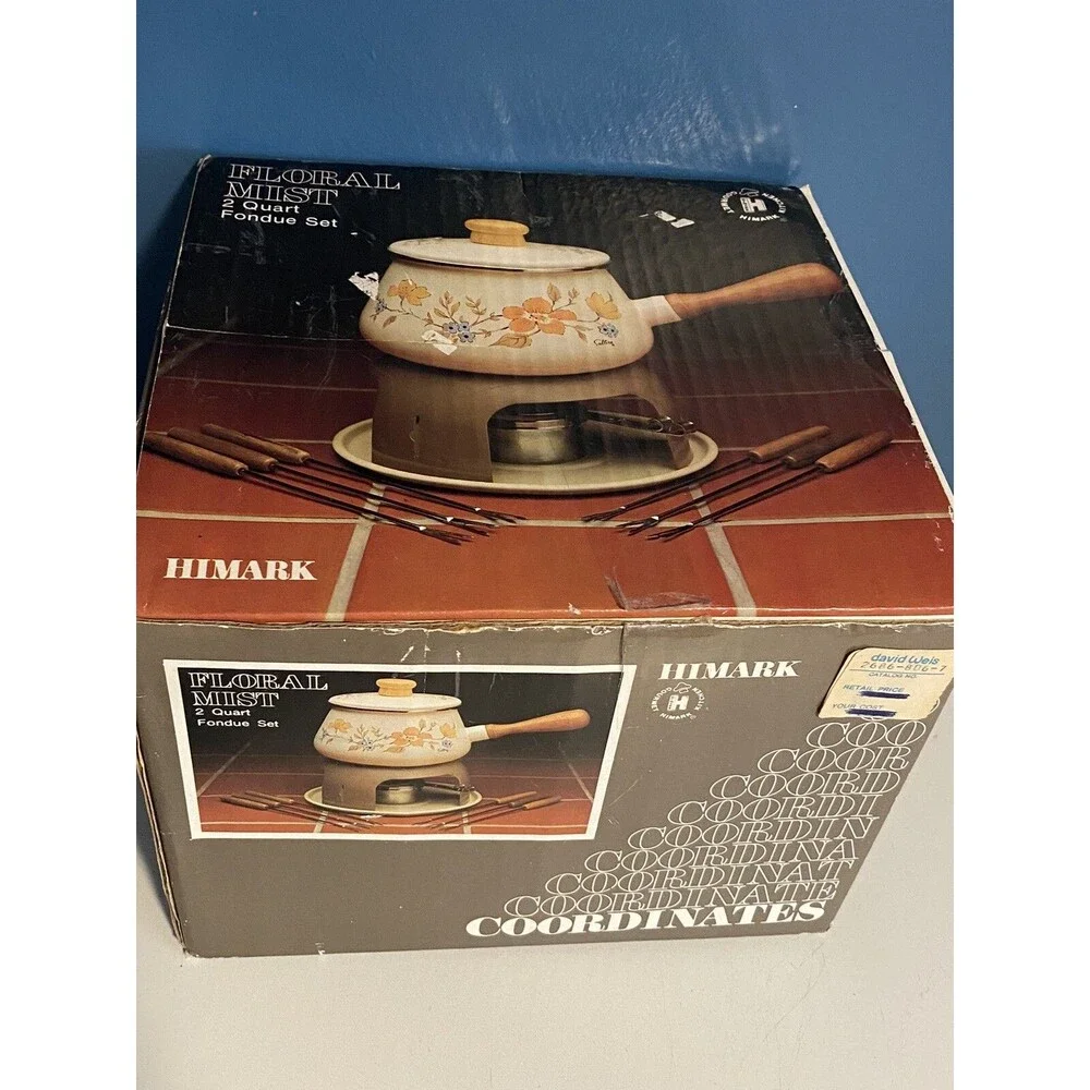 Vtg Coordinates Fondue Pot “Floral Mist” 1984 Enamel & Wood *New Open Box